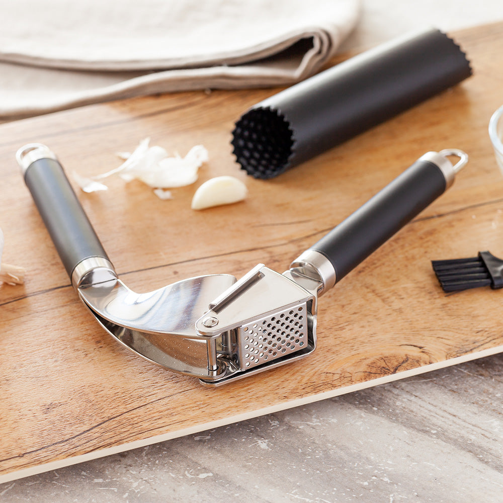 Met Lux Black Stainless Steel Garlic Press / Peeler - with Easy Clean Brush - 1 count box