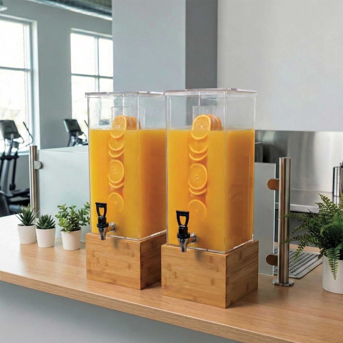 Bev Tek 2 gal Square Clear Acrylic Beverage Dispenser - Infusion Core, Bamboo Base - 8 1/4" x 8 1/4" x 23" - 1 count box