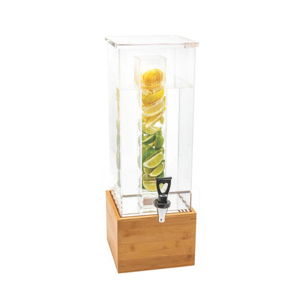 Bev Tek 2 gal Square Clear Acrylic Beverage Dispenser - Infusion Core, Bamboo Base - 8 1/4" x 8 1/4" x 23" - 1 count box