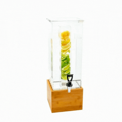 Bev Tek 2 gal Square Clear Acrylic Beverage Dispenser - Infusion Core, Bamboo Base - 8 1/4" x 8 1/4" x 23" - 1 count box