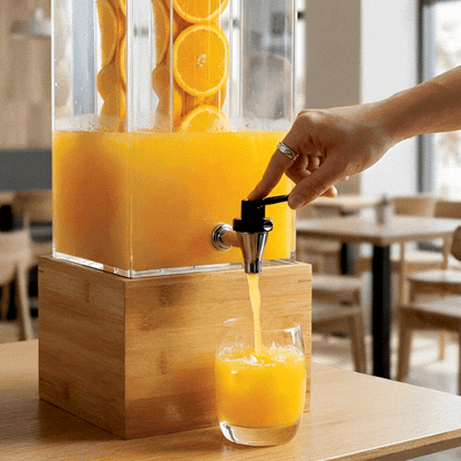 Bev Tek 2 gal Square Clear Acrylic Beverage Dispenser - Infusion Core, Bamboo Base - 8 1/4" x 8 1/4" x 23" - 1 count box