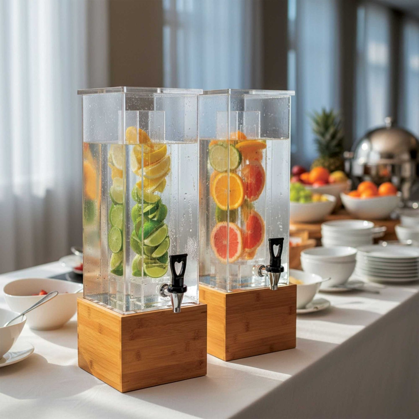 Bev Tek 2 gal Square Clear Acrylic Beverage Dispenser - Infusion Core, Bamboo Base - 8 1/4" x 8 1/4" x 23" - 1 count box