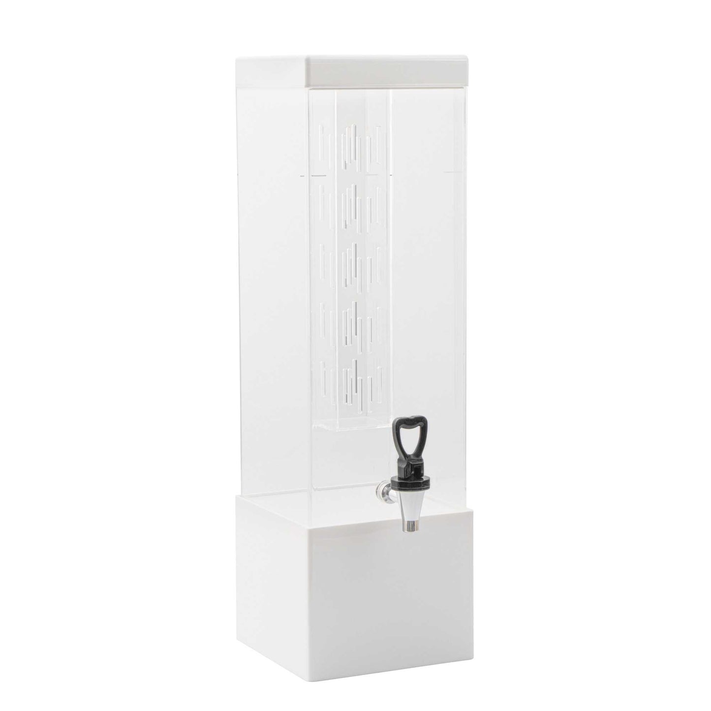 Bev Tek 3 gal Square Clear Acrylic Beverage Dispenser - Infusion Core, White Base - 7 3/4" x 7 3/4" x 25 3/4" - 1 count box