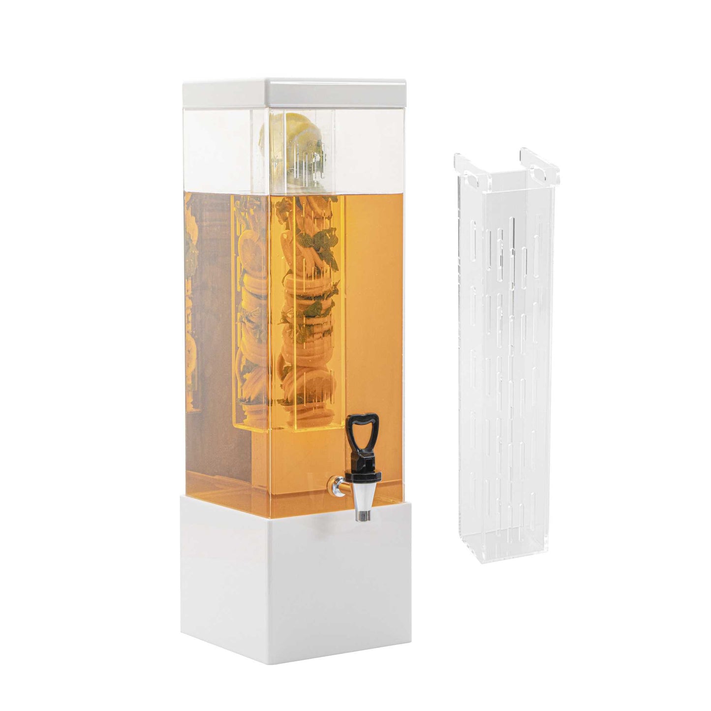 Bev Tek 3 gal Square Clear Acrylic Beverage Dispenser - Infusion Core, White Base - 7 3/4" x 7 3/4" x 25 3/4" - 1 count box