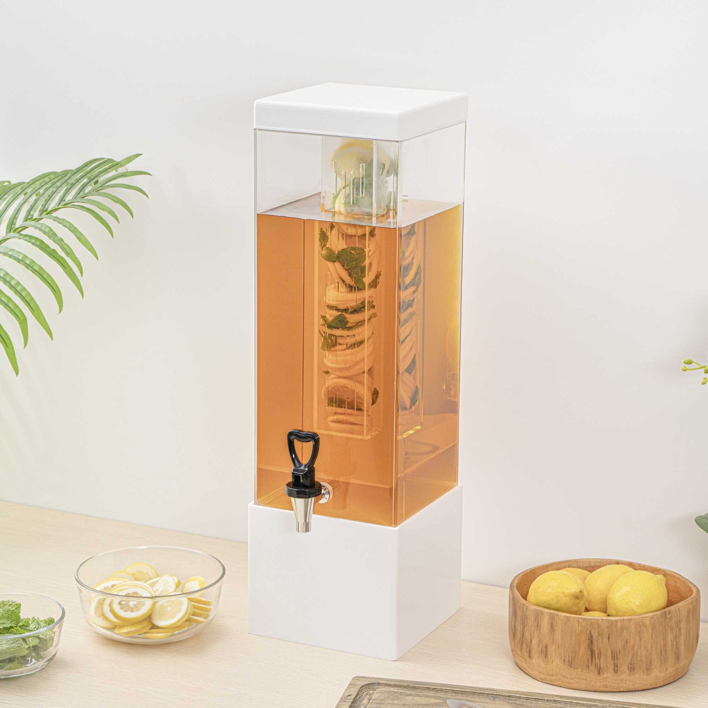 Bev Tek 3 gal Square Clear Acrylic Beverage Dispenser - Infusion Core, White Base - 7 3/4" x 7 3/4" x 25 3/4" - 1 count box