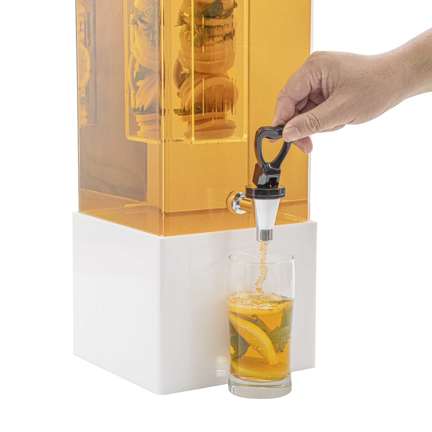 Bev Tek 3 gal Square Clear Acrylic Beverage Dispenser - Infusion Core, White Base - 7 3/4" x 7 3/4" x 25 3/4" - 1 count box
