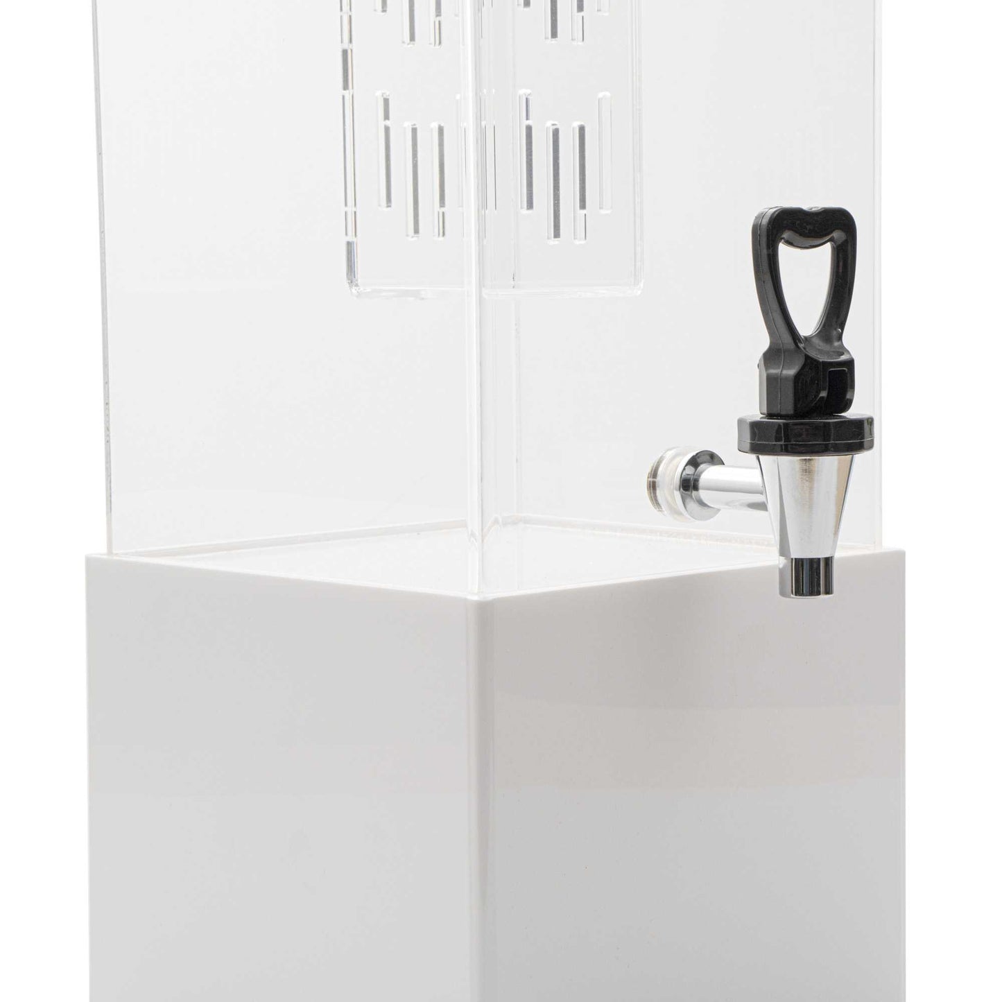Bev Tek 3 gal Square Clear Acrylic Beverage Dispenser - Infusion Core, White Base - 7 3/4" x 7 3/4" x 25 3/4" - 1 count box