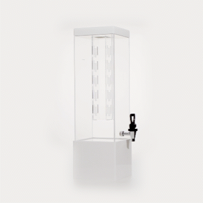 Bev Tek 3 gal Square Clear Acrylic Beverage Dispenser - Infusion Core, White Base - 7 3/4" x 7 3/4" x 25 3/4" - 1 count box
