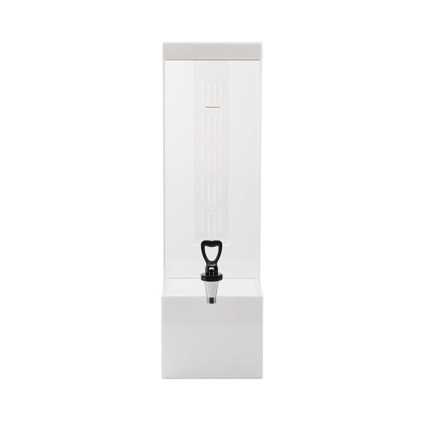 Bev Tek 3 gal Square Clear Acrylic Beverage Dispenser - Infusion Core, White Base - 7 3/4" x 7 3/4" x 25 3/4" - 1 count box