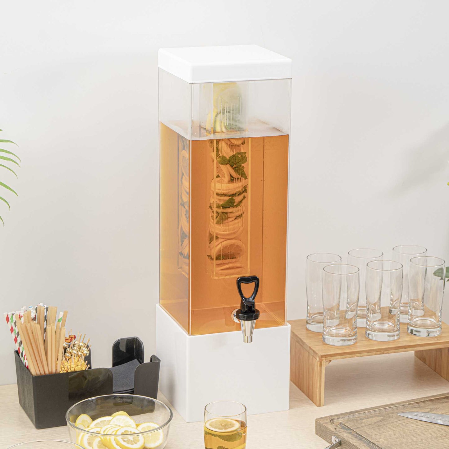 Bev Tek 3 gal Square Clear Acrylic Beverage Dispenser - Infusion Core, White Base - 7 3/4" x 7 3/4" x 25 3/4" - 1 count box
