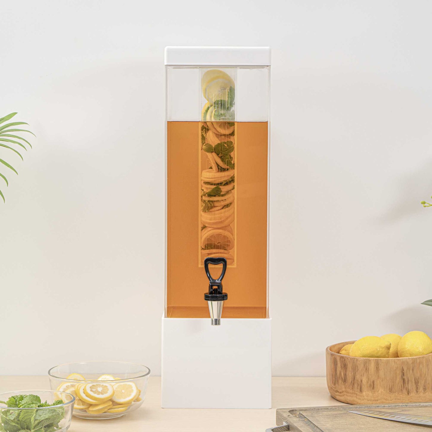 Bev Tek 3 gal Square Clear Acrylic Beverage Dispenser - Infusion Core, White Base - 7 3/4" x 7 3/4" x 25 3/4" - 1 count box