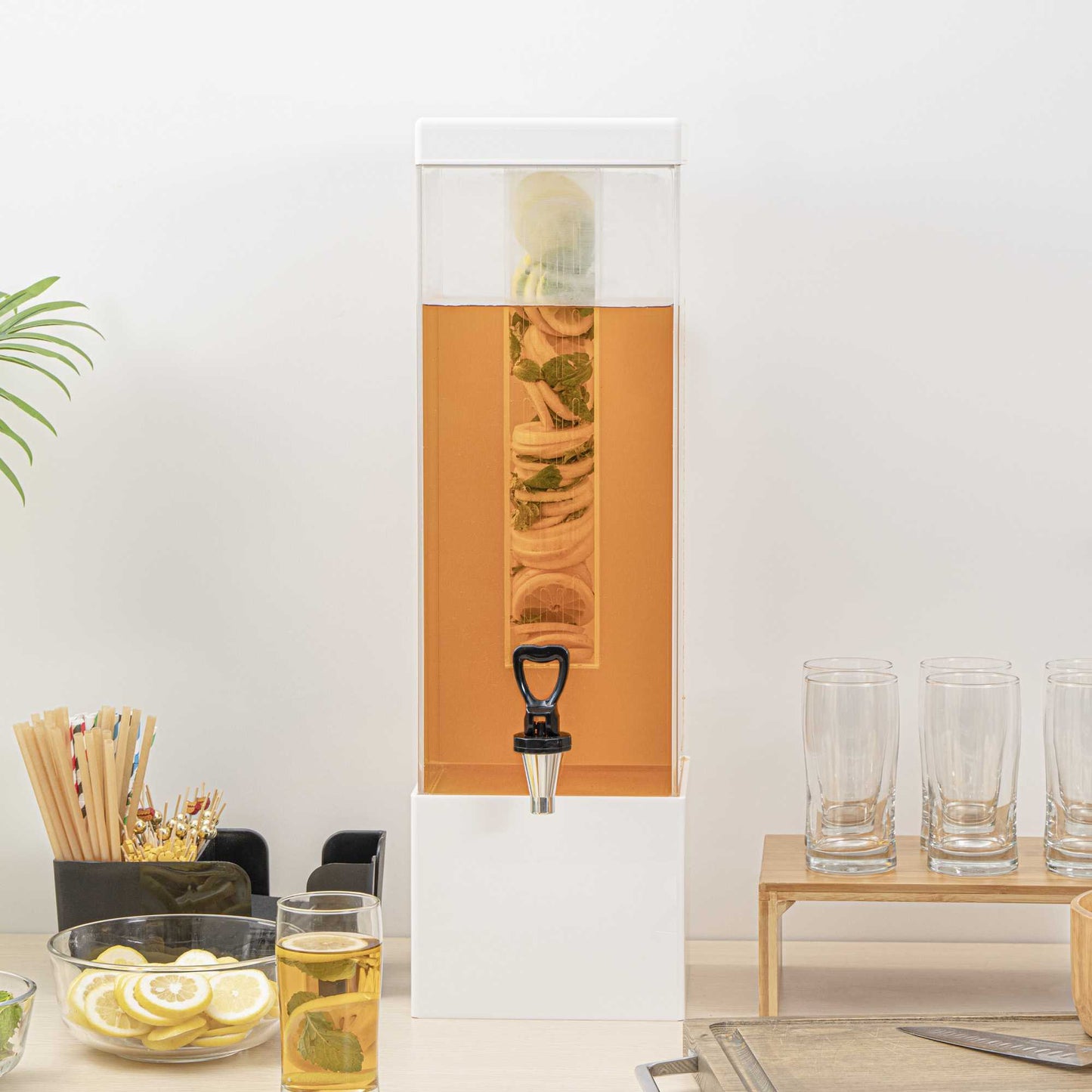 Bev Tek 3 gal Square Clear Acrylic Beverage Dispenser - Infusion Core, White Base - 7 3/4" x 7 3/4" x 25 3/4" - 1 count box