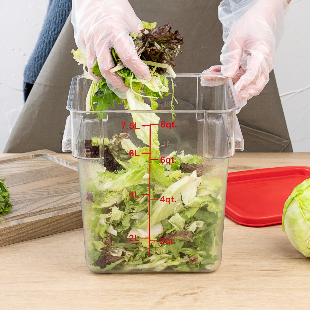 Met Lux 8 qt Square Clear Plastic Food Storage Container - with Red Volume Markers - 8 3/4" x 8 3/4" x 8 1/2" - 10 count box