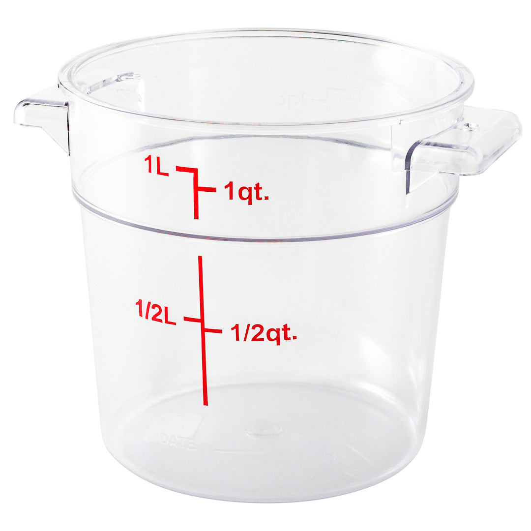 Met Lux 1 qt Round Clear Plastic Food Storage Container - with Red Volume Markers - 5" x 5" x 4 3/4" - 1 count box