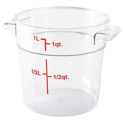 Met Lux 1 qt Round Clear Plastic Food Storage Container - with Red Volume Markers - 5" x 5" x 4 3/4" - 1 count box