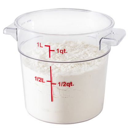 Met Lux 1 qt Round Clear Plastic Food Storage Container - with Red Volume Markers - 5" x 5" x 4 3/4" - 1 count box