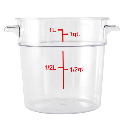 Met Lux 1 qt Round Clear Plastic Food Storage Container - with Red Volume Markers - 5" x 5" x 4 3/4" - 1 count box