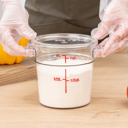 Met Lux 1 qt Round Clear Plastic Food Storage Container - with Red Volume Markers - 5" x 5" x 4 3/4" - 1 count box
