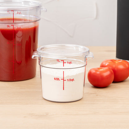 Met Lux 1 qt Round Clear Plastic Food Storage Container - with Red Volume Markers - 5" x 5" x 4 3/4" - 1 count box