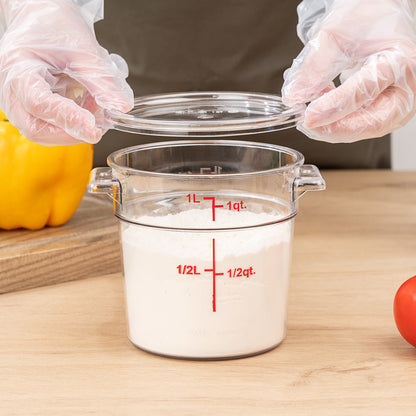 Met Lux 1 qt Round Clear Plastic Food Storage Container - with Red Volume Markers - 5" x 5" x 4 3/4" - 10 count box