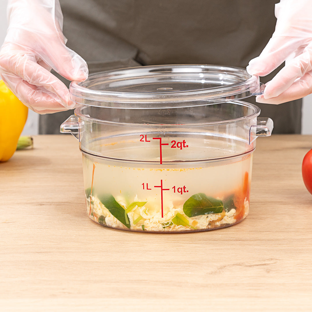 Met Lux 2 qt Round Clear Plastic Food Storage Container - with Red Volume Markers - 7" x 7" x 4 1/4" - 1 count box