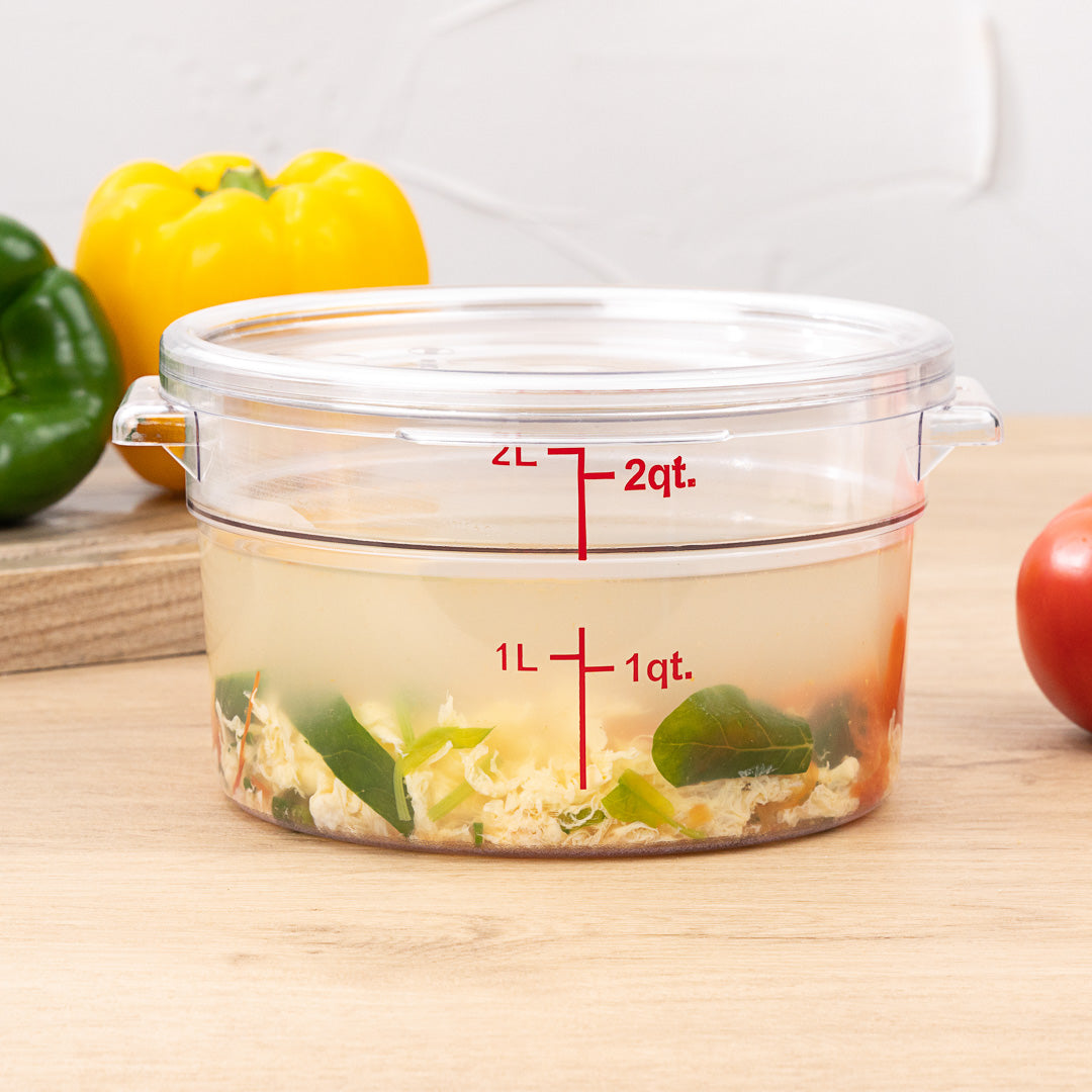 Met Lux 2 qt Round Clear Plastic Food Storage Container - with Red Volume Markers - 7" x 7" x 4 1/4" - 10 count box