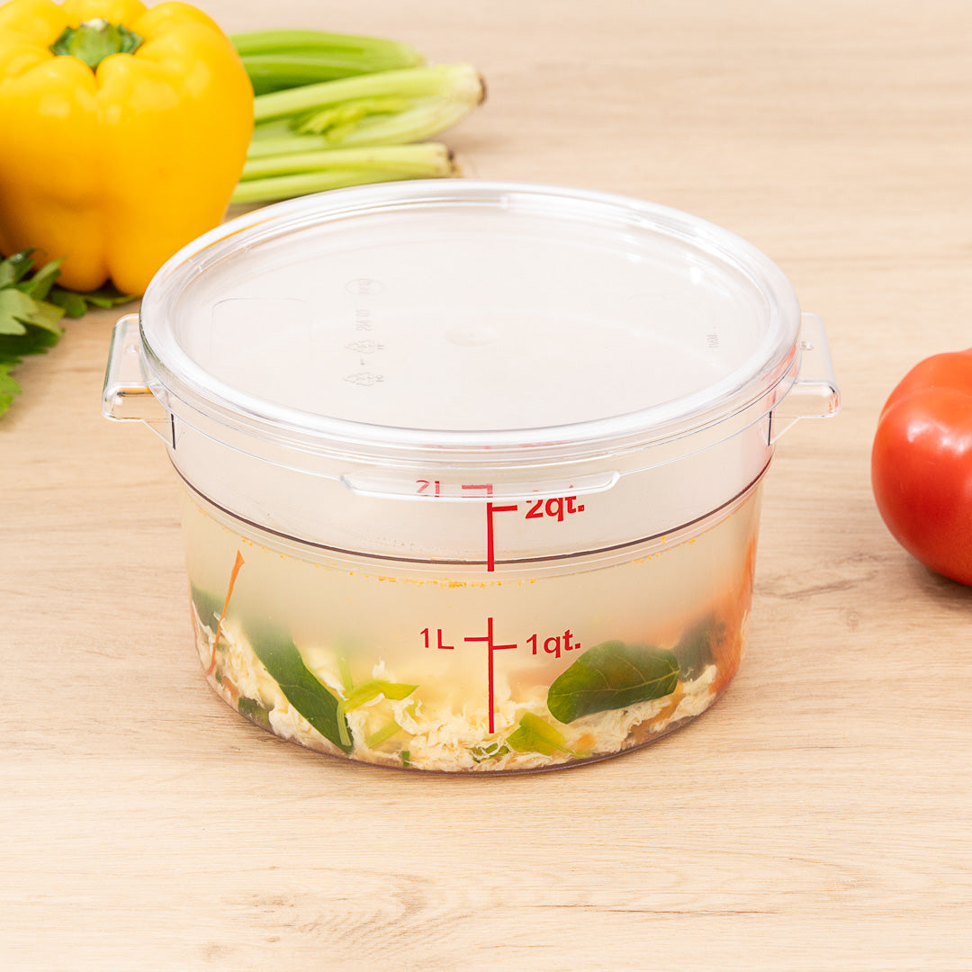 Met Lux 2 qt Round Clear Plastic Food Storage Container - with Red Volume Markers - 7" x 7" x 4 1/4" - 10 count box