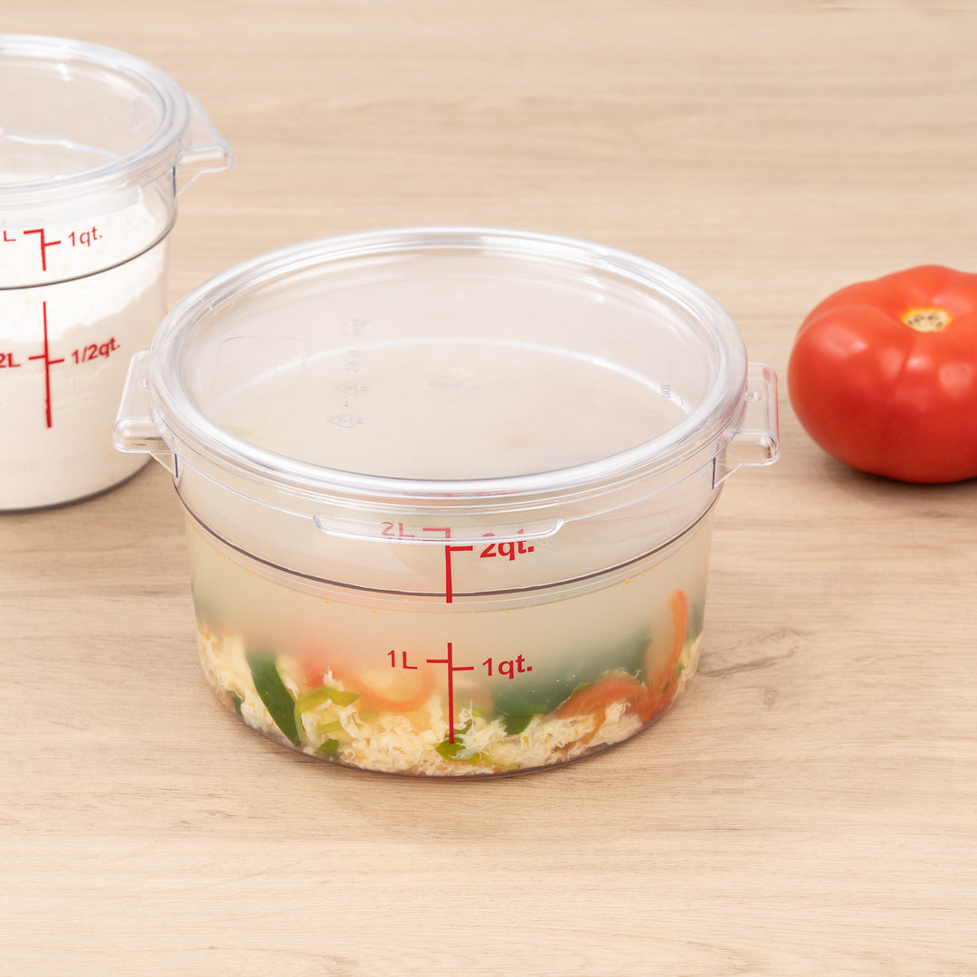Met Lux 2 qt Round Clear Plastic Food Storage Container - with Red Volume Markers - 7" x 7" x 4 1/4" - 10 count box