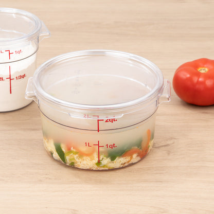 Met Lux 2 qt Round Clear Plastic Food Storage Container - with Red Volume Markers - 7" x 7" x 4 1/4" - 10 count box