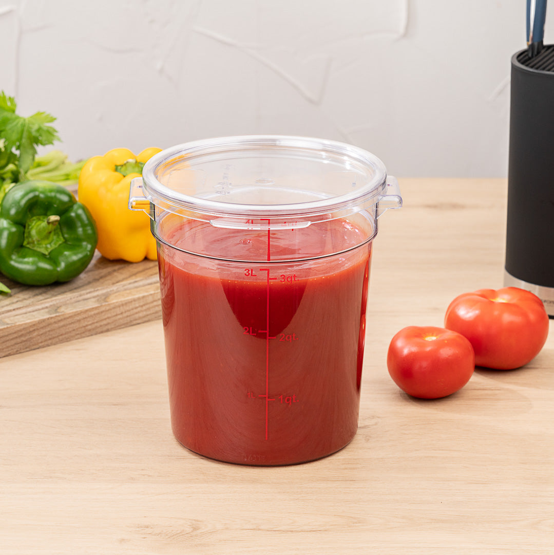 Met Lux 4 qt Round Clear Plastic Food Storage Container - with Red Volume Markers - 7" x 7" x 8 1/2" - 1 count box