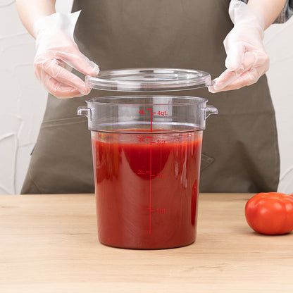 Met Lux 4 qt Round Clear Plastic Food Storage Container - with Red Volume Markers - 7" x 7" x 8 1/2" - 10 count box