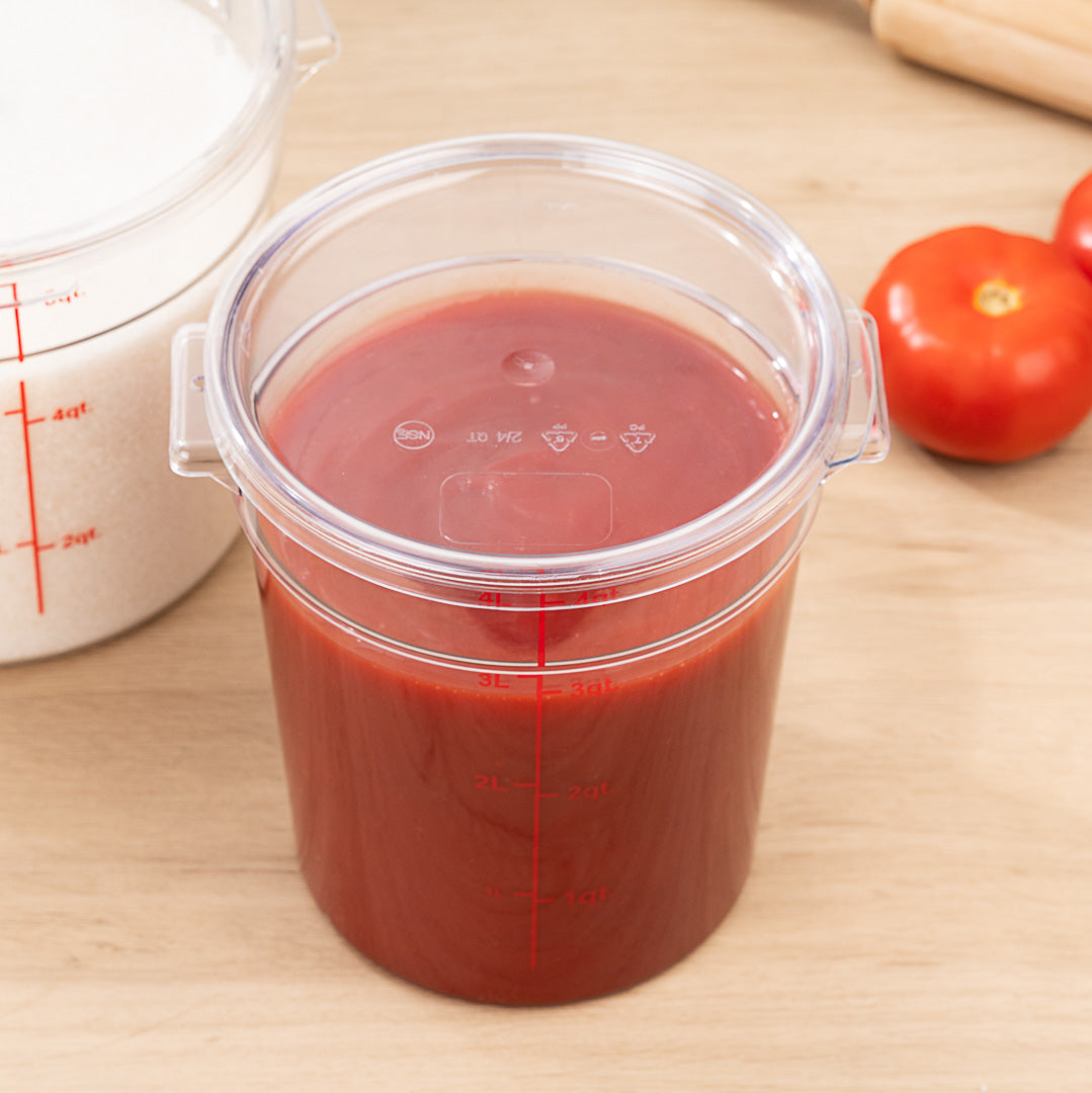 Met Lux 4 qt Round Clear Plastic Food Storage Container - with Red Volume Markers - 7" x 7" x 8 1/2" - 10 count box