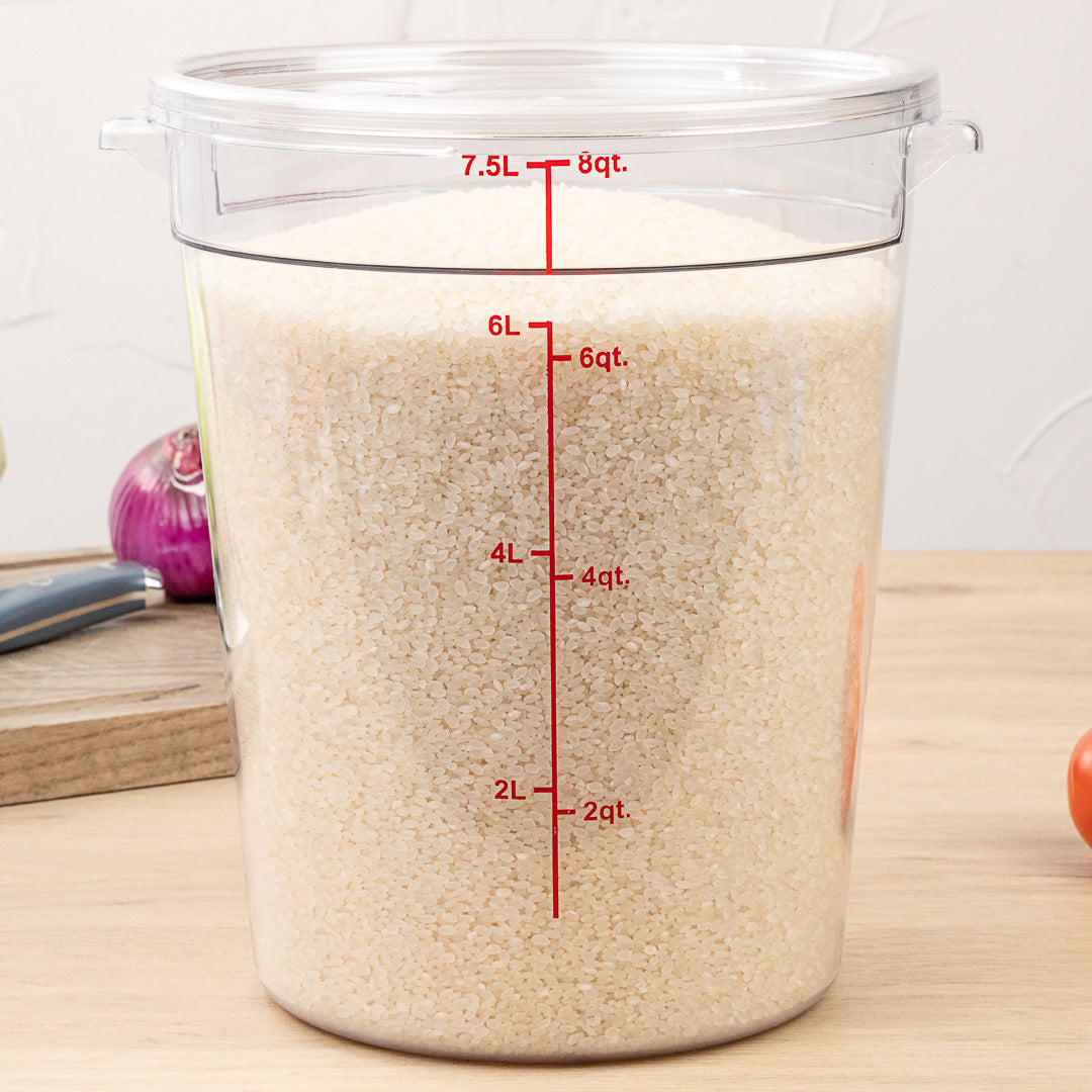 Met Lux 8 qt Round Clear Plastic Food Storage Container - with Red Volume Markers - 8 3/4" x 8 3/4" x 10 1/2" - 10 count box