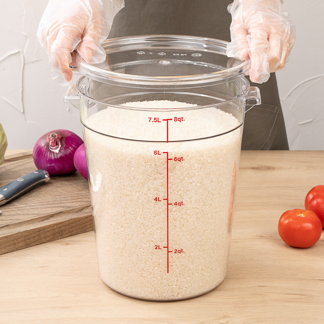 Met Lux 8 qt Round Clear Plastic Food Storage Container - with Red Volume Markers - 8 3/4" x 8 3/4" x 10 1/2" - 10 count box
