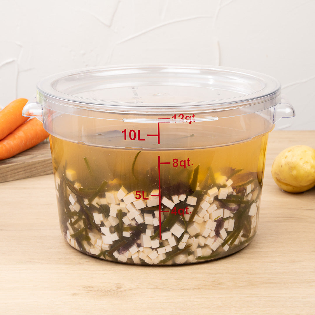 Met Lux 12 qt Round Clear Plastic Food Storage Container - with Red Volume Markers - 12 1/4" x 12 1/4" x 8" - 10 count box