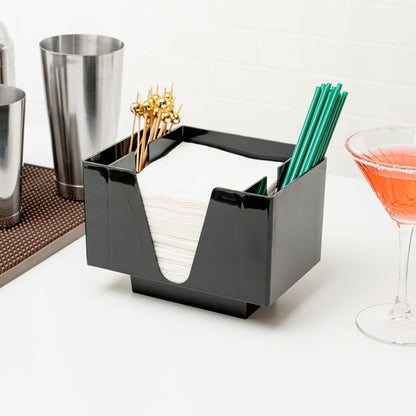 Bar Lux Black Plastic Condiment Caddy / Napkin Holder - 3 Compartments - 8" x 5 1/2" x 5 3/4" - 1 count box
