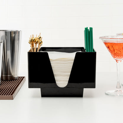 Bar Lux Black Plastic Condiment Caddy / Napkin Holder - 3 Compartments - 8" x 5 1/2" x 5 3/4" - 1 count box