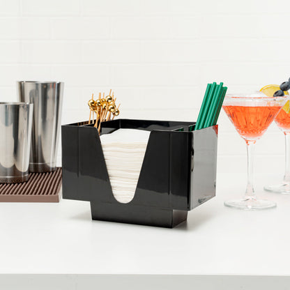Bar Lux Rectangle Black Plastic Condiment Caddy / Napkin Holder - 3 Compartments - 8" x 5 1/2" x 5 3/4" - 10 count box