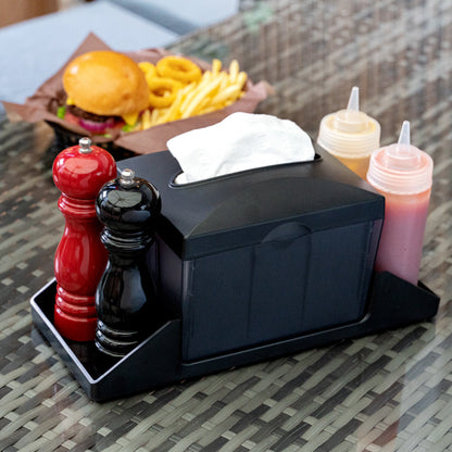 Bar Lux Rectangle Black Plastic Tabletop Condiment Caddy / Interfold Napkin Dispenser - 14 1/4" x 5 3/4" x 6 1/2" - 10 count box