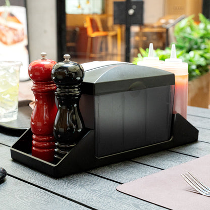 Bar Lux Rectangle Black Plastic Tabletop Condiment Caddy / Interfold Napkin Dispenser - 14 1/4" x 5 3/4" x 6 1/2" - 10 count box