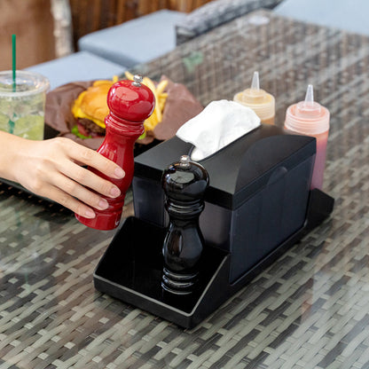 Bar Lux Rectangle Black Plastic Tabletop Condiment Caddy / Interfold Napkin Dispenser - 14 1/4" x 5 3/4" x 6 1/2" - 10 count box