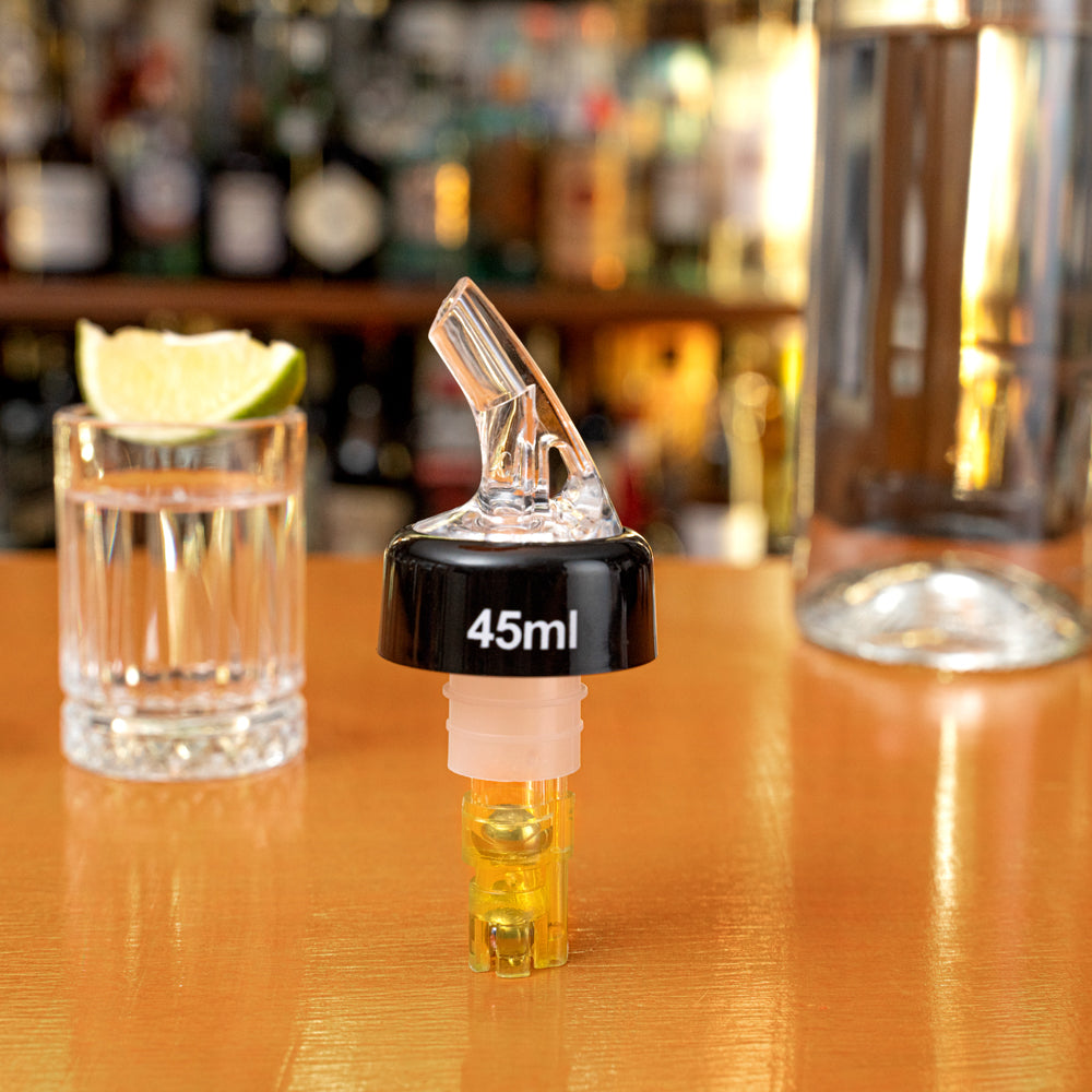 Bar Lux 1.5 oz Yellow Plastic Measured Liquor Pourer - with Collar, Clear Spout - 1 1/2" x 1 1/2" x 3 3/4" - 10 count box