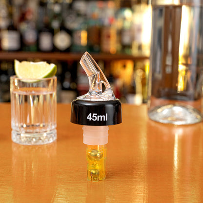 Bar Lux 1.5 oz Yellow Plastic Measured Liquor Pourer - with Collar, Clear Spout - 1 1/2" x 1 1/2" x 3 3/4" - 10 count box