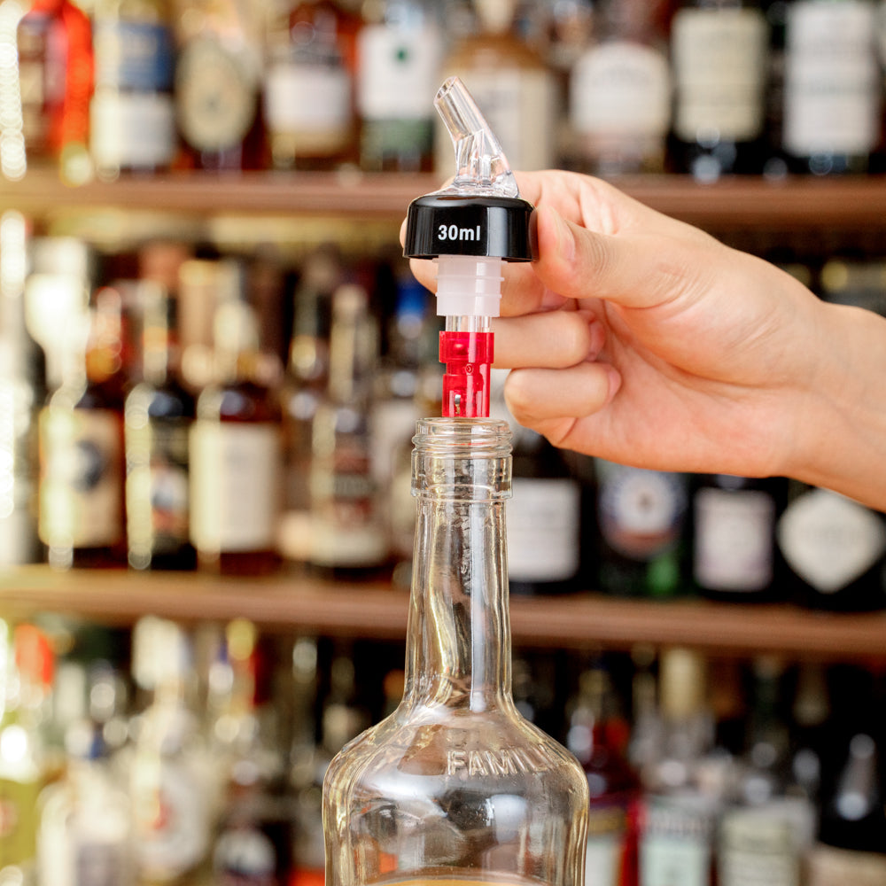 Bar Lux 1 oz Red Plastic Measured Liquor Pourer - with Collar, Clear Spout - 50 count box