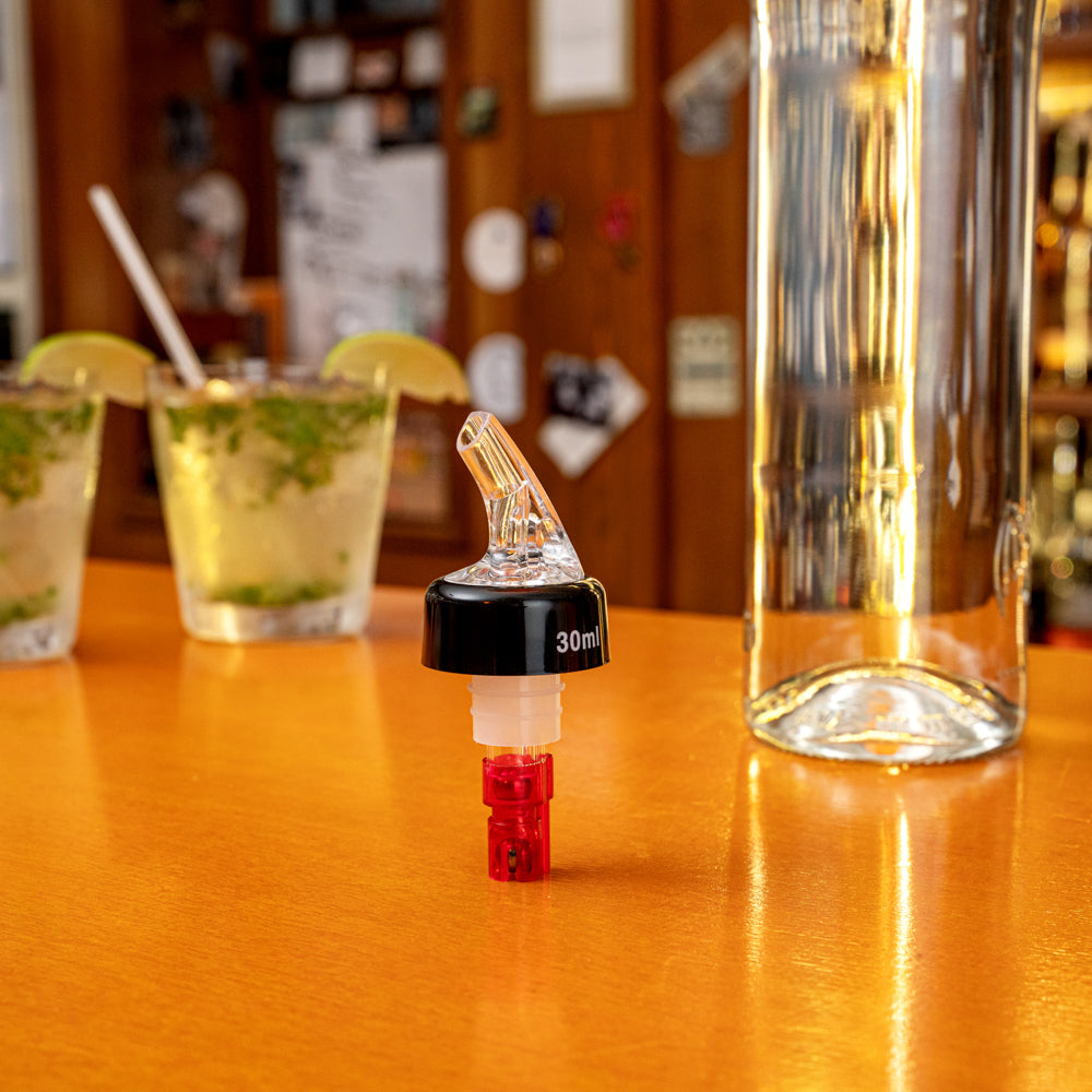 Bar Lux 1 oz Red Plastic Measured Liquor Pourer - with Collar, Clear Spout - 50 count box