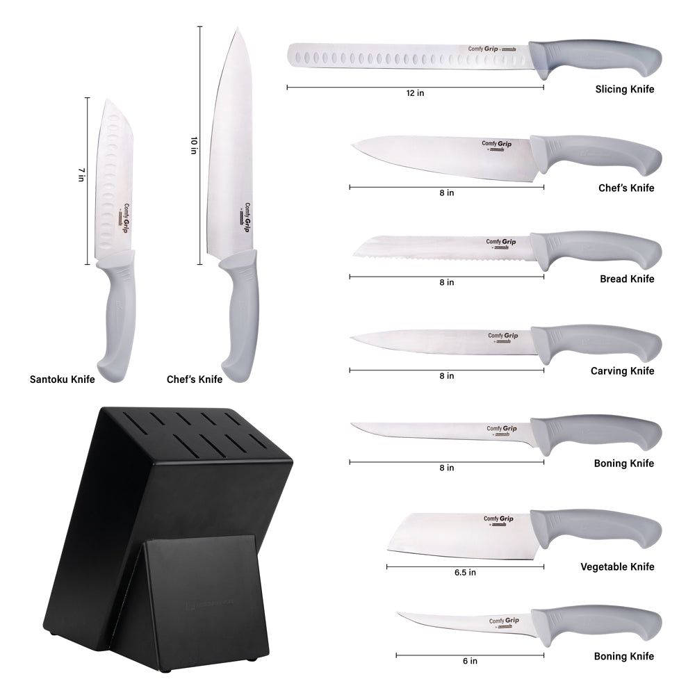 Comfy Grip Gray Stainless Steel 9-Piece Knife Set - with Holder - 1 count box