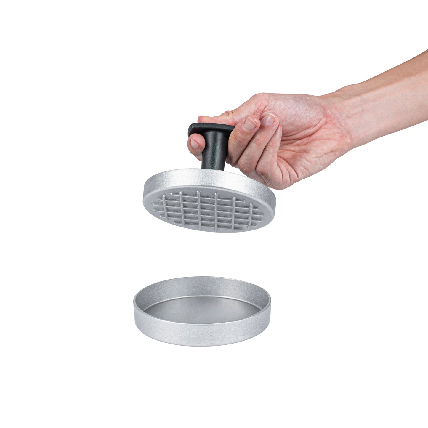 Met Lux Black Aluminum Burger Press - Non-Stick - 4 3/4" x 4 3/4" x 3 1/2" - 1 count box