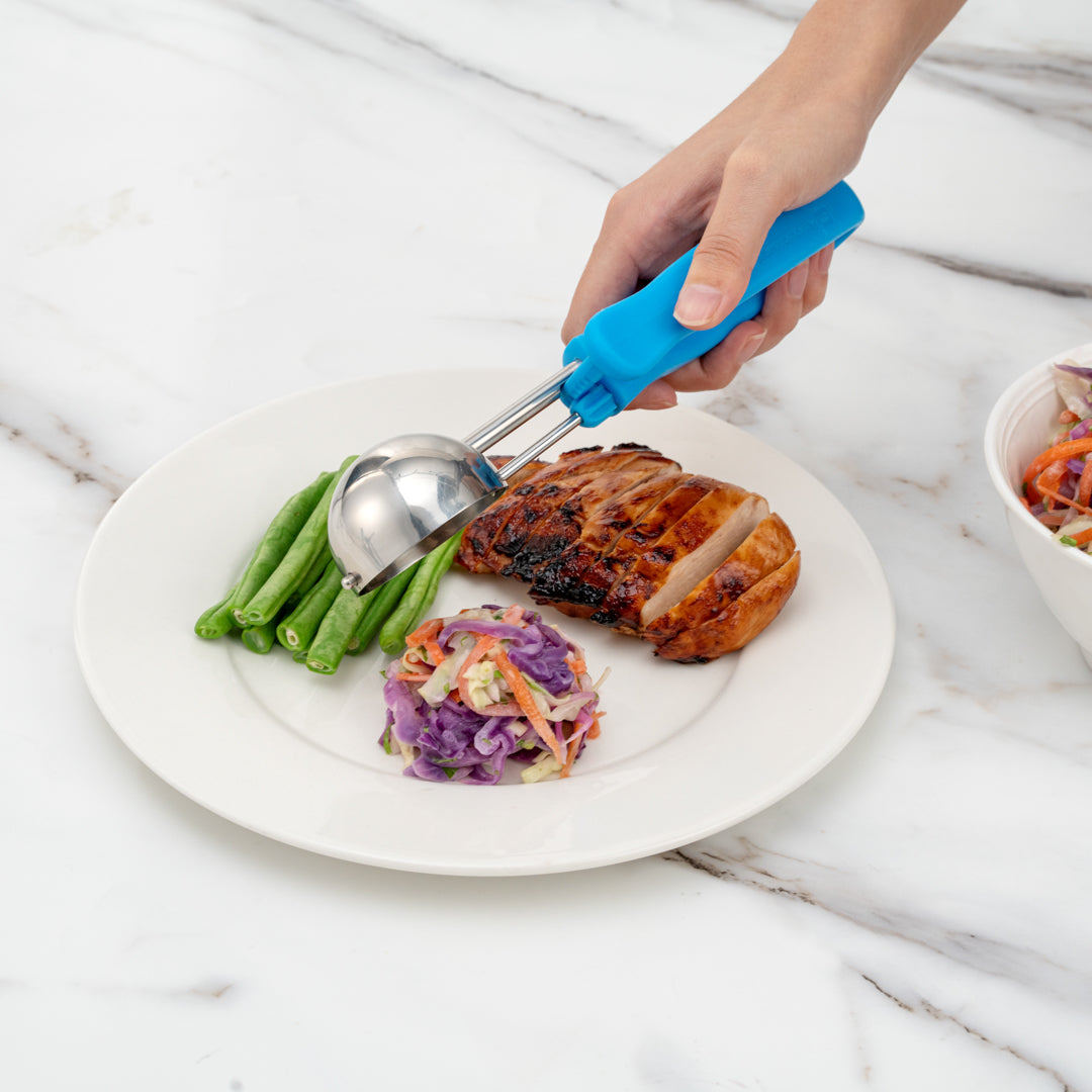 Comfy Grip 2 oz Stainless Steel #16 Portion Scoop - with Blue Ambidextrous Handle - 1 count box