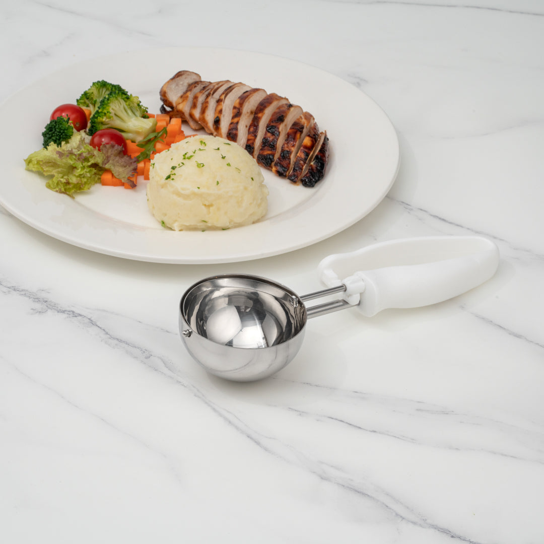 Comfy Grip 4.66 oz Stainless Steel #6 Portion Scoop - with White Ambidextrous Handle - 1 count box