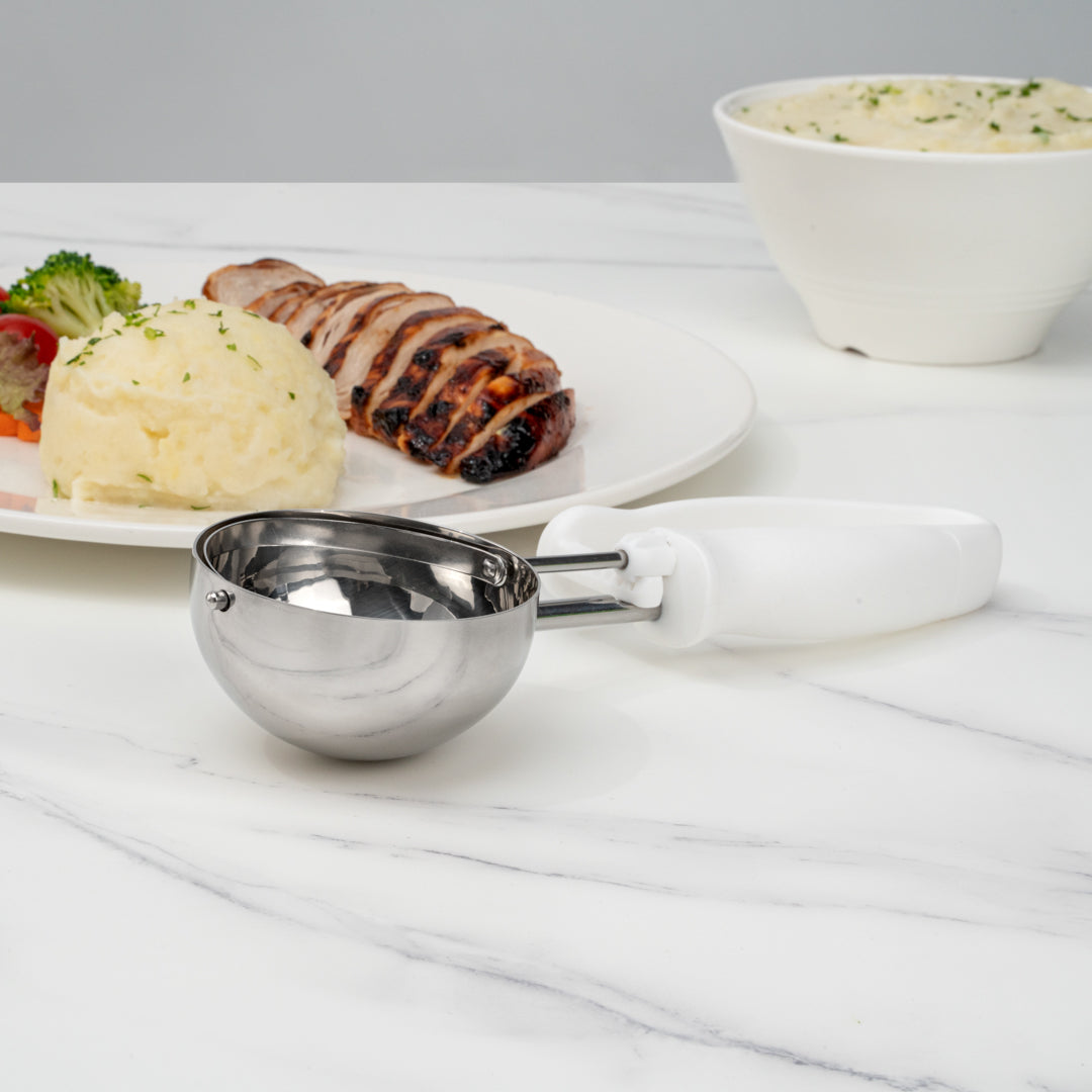 Comfy Grip 4.66 oz Stainless Steel #6 Portion Scoop - with White Ambidextrous Handle - 1 count box